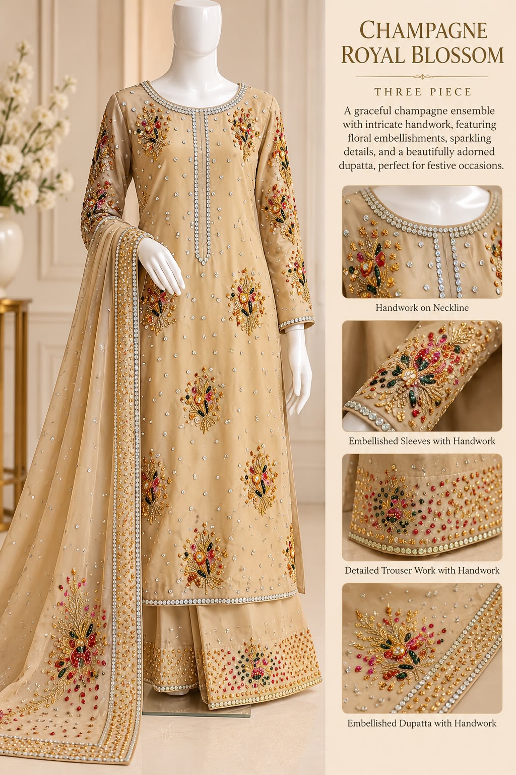 Champagne Royal Blossom — handwork Nikah dress by Decent Collection Karachi