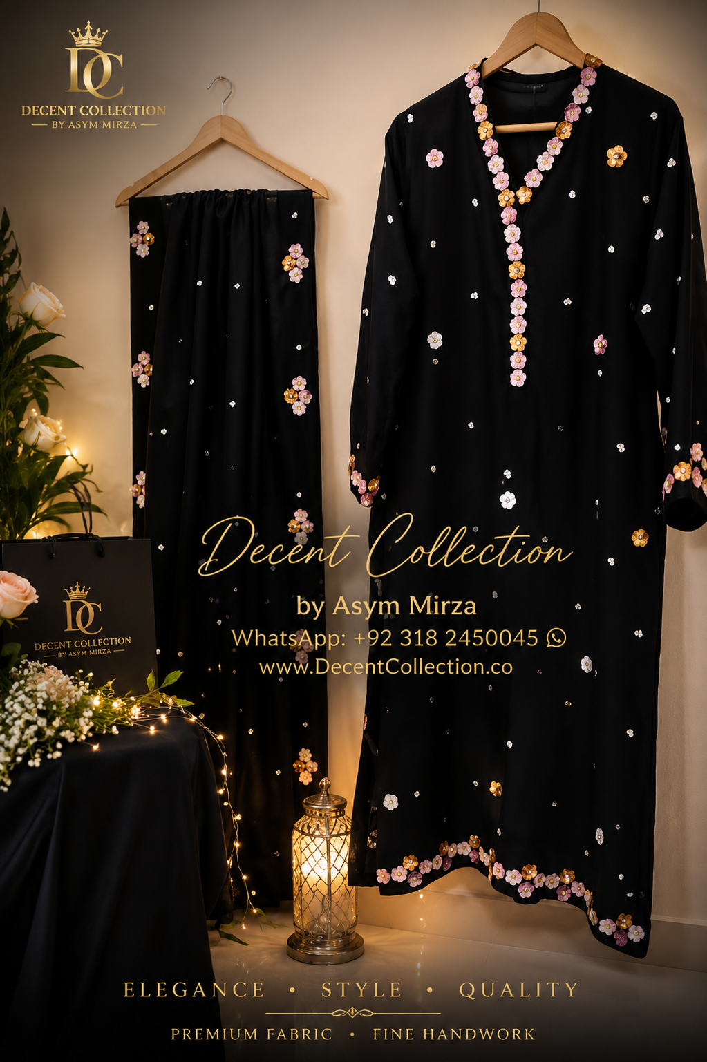 Midnight Blossom — handwork Baat Pakki dress by Decent Collection Karachi