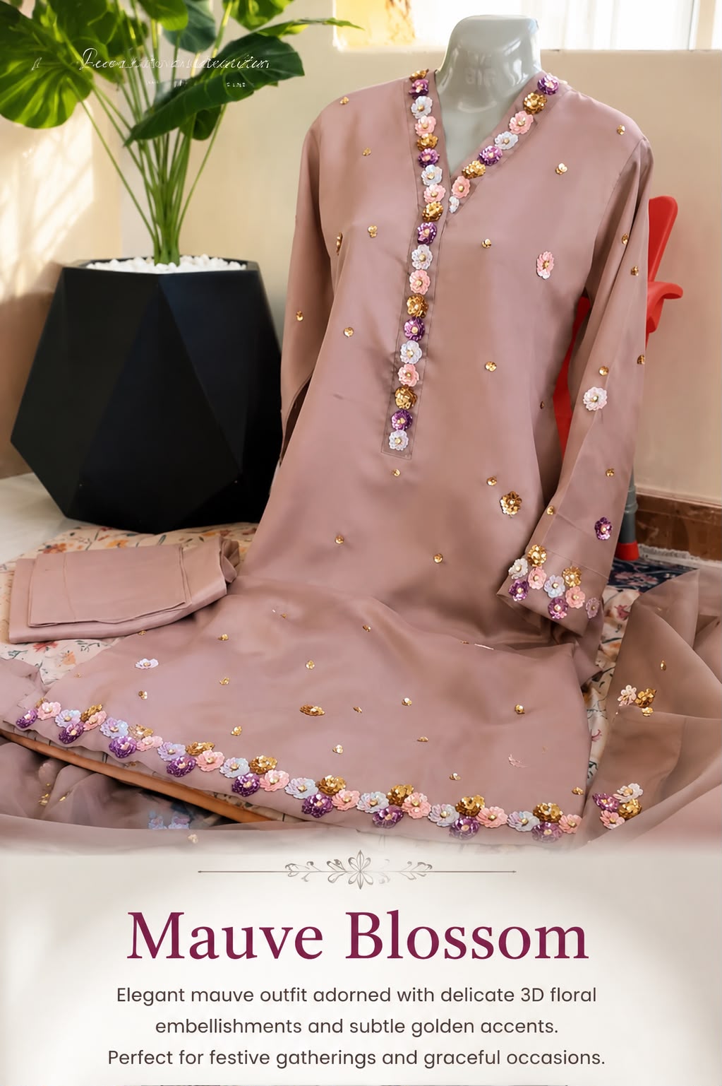 Mauve Blossom — handwork Baat Pakki dress by Decent Collection Karachi