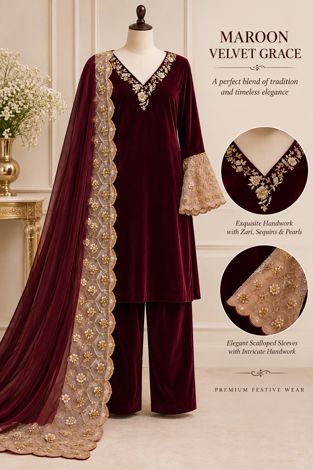 Maroon Velvet Grace — handwork Nikah dress by Decent Collection Karachi